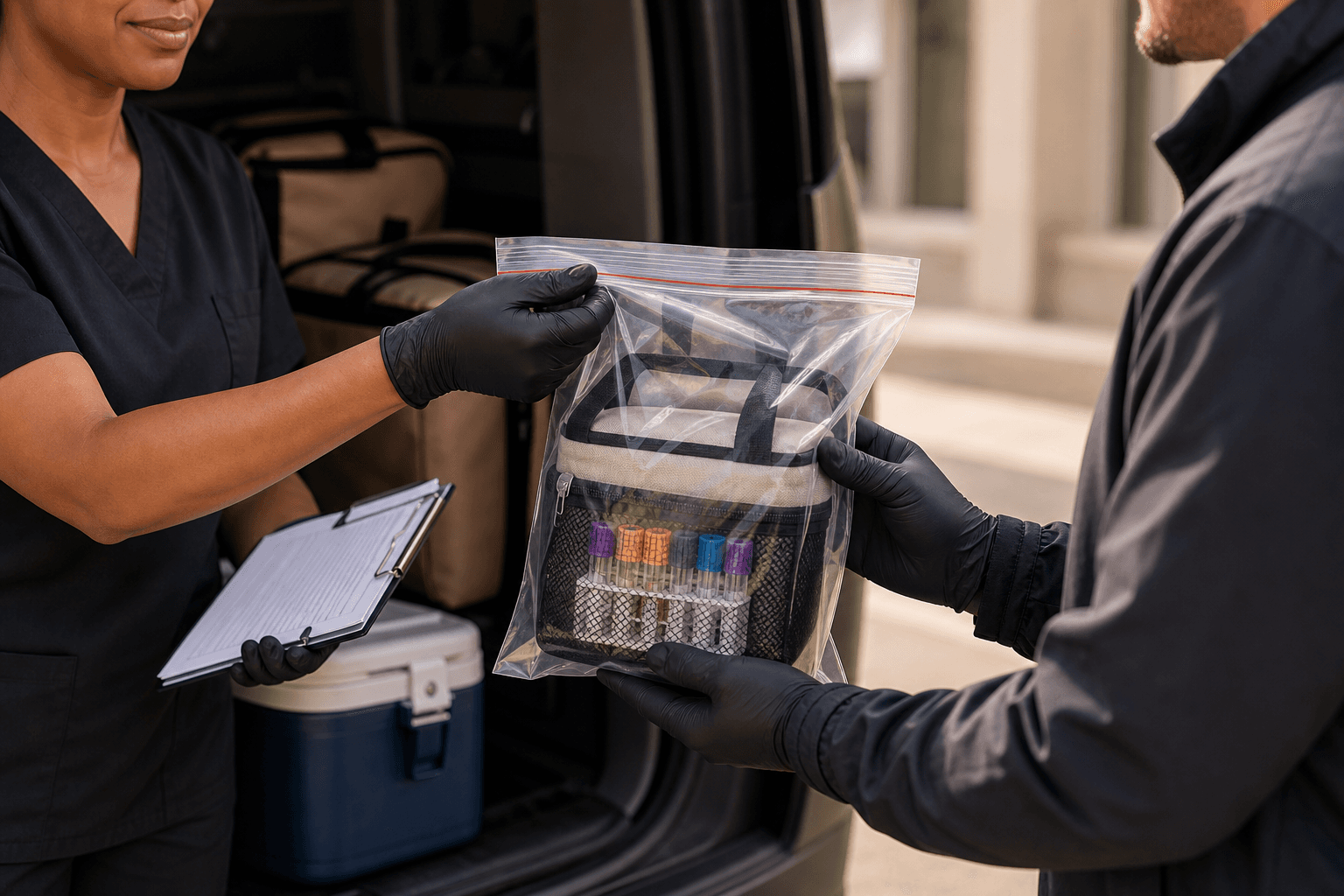 Specimen handoff and collection materials prepared for transport